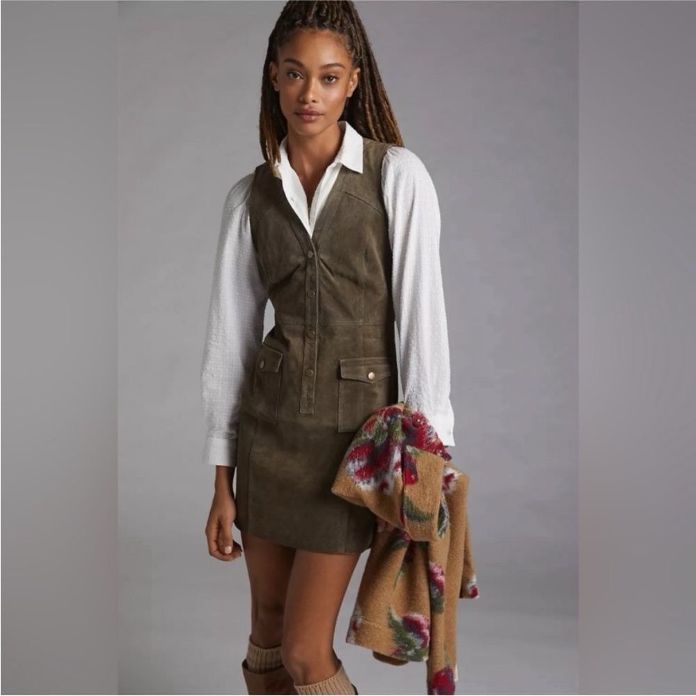 Anthropologie Leather Brown Sleeveless Button-Down Dress